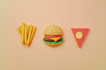 Poster - Bright abstract silhouettes of burgers, fries, and pizza slices create a playful food arrangement against a pastel backdrop showcasing creativity. Generative AI