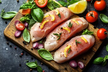 Wall Mural - Raw chicken breast fillets seasoned with herbs and spices ready for cooking