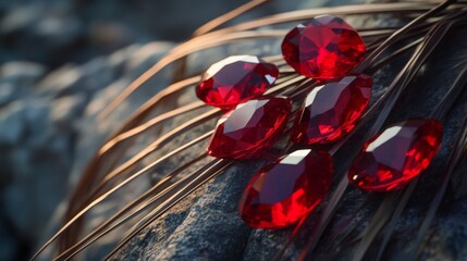 Poster - Breathtaking red gemstones are elegantly arranged on rugged rocks, complemented by delicate natural fibers. The arrangement captures the essence of beauty and nature in a tranquil environment.