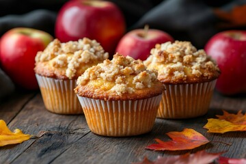 Wall Mural - Delicious apple crumble muffins with freshly picked apples and autumn leaves