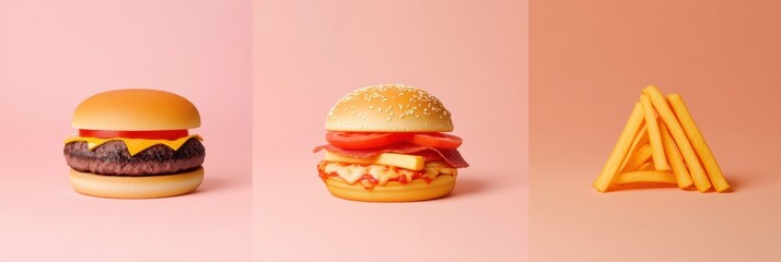 Poster - Abstract silhouettes depict popular fast food items, including burgers, pizza slices, and fries, set against a soft pastel backdrop. Generative AI