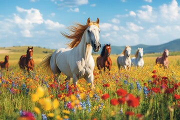 Wall Mural - herd of horses running through field of colorful wildflowers on sunny day