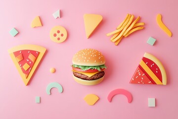Poster - Bright and playful silhouettes of burgers, pizza, and fries arranged on a vibrant pink background showcase an abstract culinary theme. Generative AI