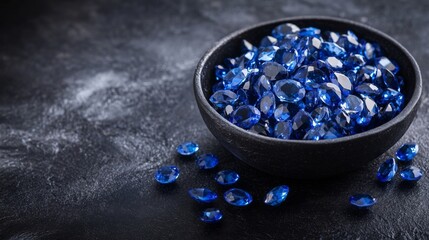 Poster - A black bowl filled with sparkling blue gemstones rests on a dark surface, showcasing their brilliance and clarity. Surrounding the bowl, a few loose gemstones catch the light, adding elegance.