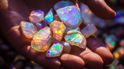 Poster - A hand showcases a collection of vibrant gemstones reflecting sunlight, displaying an array of colorful hues. The background is softly blurred, emphasizing the sparkling details of each stone.