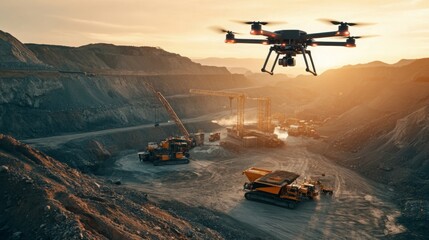 Leinwandbilder - A drone surveys a gemstone mining site during sunset, capturing the expansive quarry filled with heavy machinery. Workers maneuver equipment, creating a dynamic atmosphere of industry and innovation.