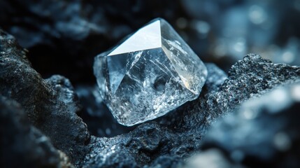 Poster - A clear gemstone rests among textured dark minerals, reflecting light and enhancing its surroundings. The contrast highlights the uniqueness of each crystal, captivating the viewer's attention.
