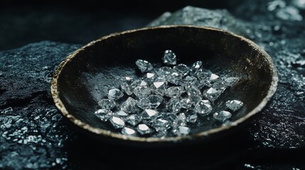 Poster - A collection of sparkling gemstones is arranged in a rustic bowl, with dark textured rocks in the background. Natural light highlights the brilliance and clarity of the stones in this elegant setup.
