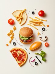 Poster - Silhouettes of burgers, pizza slices, and fries are arranged creatively on a neutral backdrop, showcasing a variety of fast food elements. Generative AI