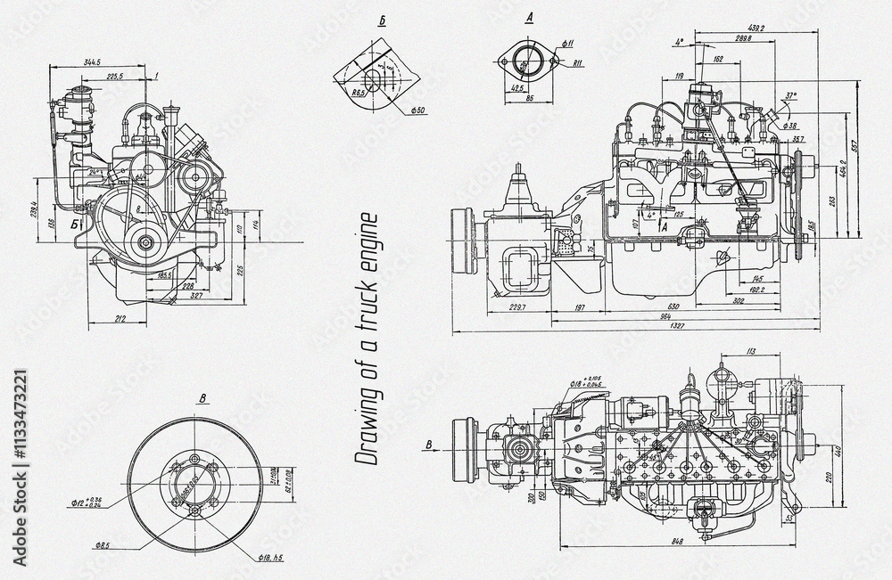 Engine of cargo vehicle. Engineering mechanical drawing of automotive ...