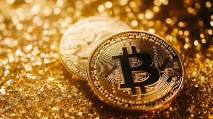 Poster - Two shiny bitcoin coins are placed on a bed of glittering gemstones, reflecting a luxurious atmosphere. The contrast of gold and the colorful gems highlights the allure of cryptocurrency and wealth.