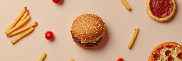 Poster - Abstract silhouettes of popular fast food items like burgers pizza slices and fries scattered on a soft pastel background create a playful vibe. Generative AI