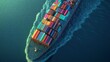 © Anastasiia - A stunning aerial view of a cargo ship loaded with vibrant, multicolored containers, cutting through the calm waters. The light enhances the contrast between the colorful containers and the deep blue