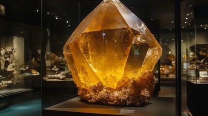 Poster - A stunning yellow gemstone stands prominently in a contemporary exhibition hall. Its facets catch the light, creating a radiant display that highlights the gem's natural brilliance and size.