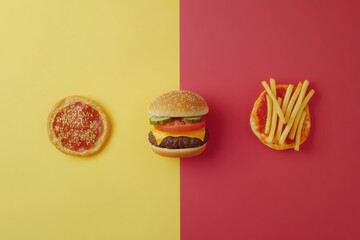 Poster - Silhouettes of burgers, pizza slices, and fries arranged artistically on a vibrant two-tone backdrop. Bright colors enhance the playful composition. Generative AI