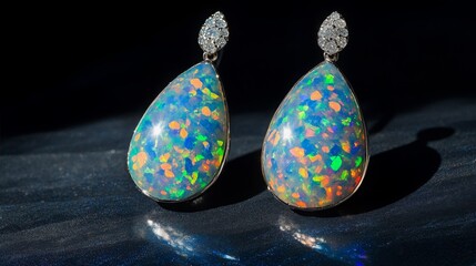 Poster - Stunning teardrop opal earrings feature vibrant colors that sparkle under gentle light. The intricate design showcases the gemstones, enhancing their natural beauty and brilliance.