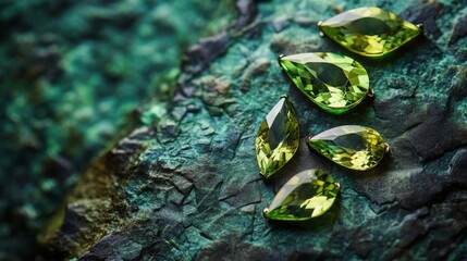 Poster - Colorful green gemstones are arranged on a textured stone surface, showcasing their brilliant cuts and shades.