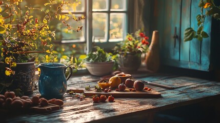 Wall Mural - Rustic kitchen scene with fresh produce and natural lighting