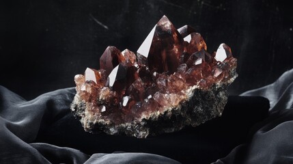 Poster - A stunning natural gemstone cluster with sharp, pointed crystals glistening in the light. The formation exhibits deep shades and complex structures, resting on a textured surface for dramatic effect.