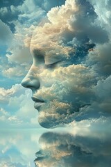 Poster - Serene face formed by clouds, reflected in water.