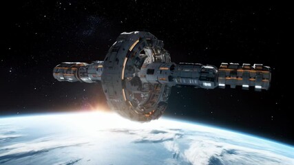 Wall Mural - Futuristic space station orbiting Earth. Universe exploration and astronomy concept. Orbital spaceflight. Science fiction animation. Future technology