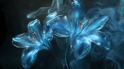 Wall Mural - Two blue translucent flowers with a wisp of smoke on a dark background. Wisp. Illustration