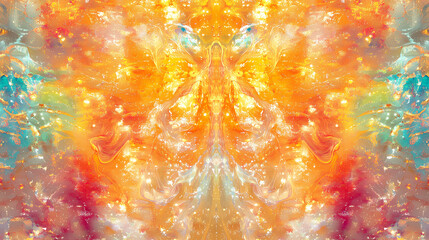 Wall Mural - Vibrant abstract background featuring shimmering golden particles and iridescent vaporous wisps swirling amidst a kaleidoscope of colors and textures. Wisp. Illustration