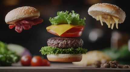 Poster - Ingredients of a burger suspended mid-air, showcasing a juicy patty, melted cheese, crisp lettuce, and fresh tomato, creating a fun culinary moment. Generative AI