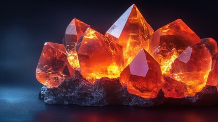Poster - A striking arrangement of vibrant orange gemstones exhibits a captivating glow against a dark backdrop. Their sharp facets reflect light, showcasing natural beauty and craftsmanship.