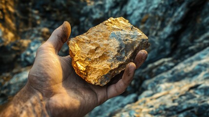 Poster - A hand grips a large piece of raw golden gemstone with rough texture, set against a backdrop of rugged rocks under warm natural light. The gemstone's luster captures the essence of untamed nature.