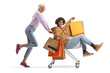 © Ljupco Smokovski - Caucasian woman pushing afircan american guy with shopping bags inside a shopping cart