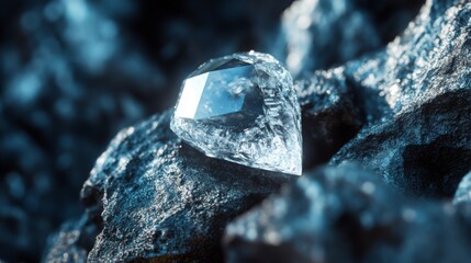 Poster - A stunning ai gemstone captures light beautifully as it sits atop a textured surface. The glimmering clarity and unique shape reflect the surrounding darkness, creating an enchanting contrast.