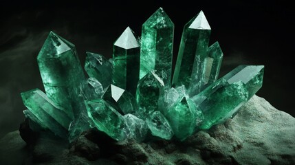 Poster - Nature showcases a stunning arrangement of emerald crystals, displaying vibrant green hues and sharp, angular formations. The intricate details capture a sense of beauty within the mineral world.