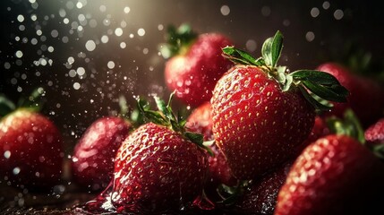 Wall Mural - Fresh strawberries with water droplets