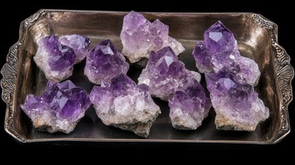 Poster - A collection of stunning purple amethyst gemstones is elegantly displayed on a vintage silver tray, showcasing their natural beauty and intricate crystal formations in a well-lit setting.