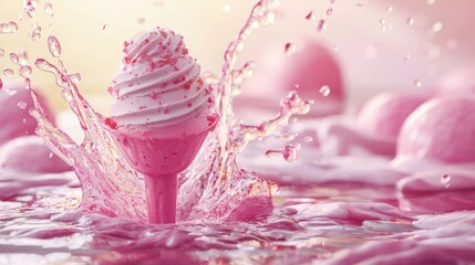 Wall Mural - Pink ice cream splashing into water