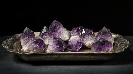 Aufkleber - Intricate amethyst gemstones are arranged on a vintage silver tray, showcasing their rich purple hues and stunning clarity. The setting highlights the natural beauty and shine of each stone.