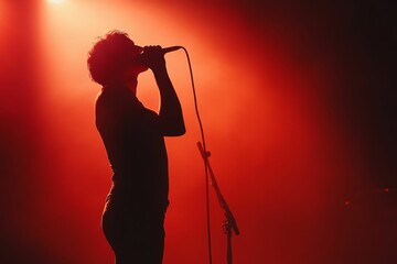 Poster - Silhouette of singer, red stage lighting, microphone.