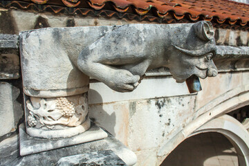 Wall Mural - a grotesque gargoyle carved from stone, acting as a water spout on a historic building, highlighting the intricate details and whimsical elements often found in medieval architecture