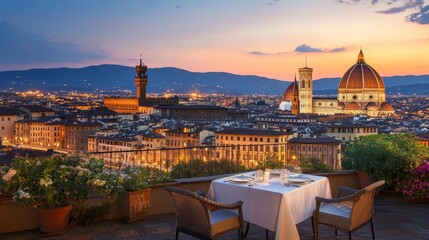 Fototapete - Taking in the delightful and charming balcony view of Florences magnificent Duomo set against a breathtaking sunset sky