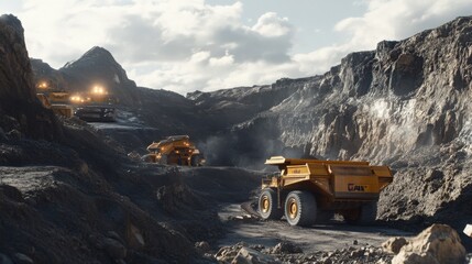 Aufkleber - Heavy machinery operates in a gemstone mining site surrounded by rocky hills.