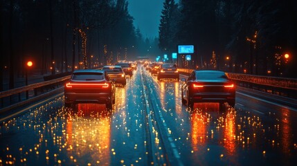 Canvas Print - Night traffic, rain, city lights, reflections.