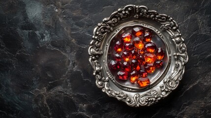 Aufkleber - Glistening gemstones with warm hues of red and orange are arranged neatly on a decorative silver tray. The contrasting dark stone surface highlights their brilliance, creating a captivating display.
