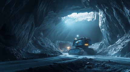 Leinwandbilder - Deep in a remote cave, heavy mining equipment operates to extract valuable gemstones from stone. Dim blue lighting enhances the mysterious atmosphere of this underground operation.