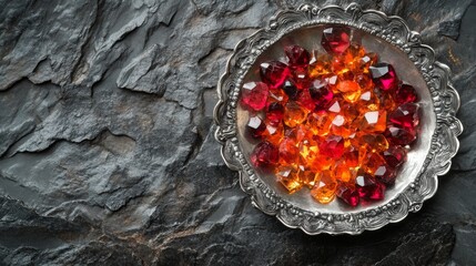 Aufkleber - Brightly colored gemstones in shades of red and orange are elegantly placed in a vintage silver bowl. The contrasting texture of the dark rock creates a striking visual display of luxury and nature.