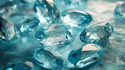 Poster - A stunning display of various blue gemstones, showcasing their clarity and vibrant colors. The light reflects off these cut gems, enhancing their brilliance and allure on a smooth surface.