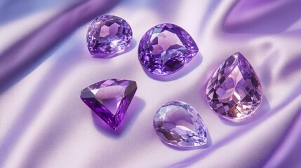 Poster - A captivating collection of five purple gemstones, each varying in shape and size, rests elegantly on a smooth, lavender fabric under bright lighting, showcasing their brilliance and luster.