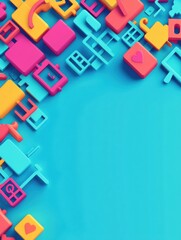 Poster - Bright blue backdrop filled with vibrant social media icons in various shapes and colors creating an engaging digital atmosphere. Generative AI