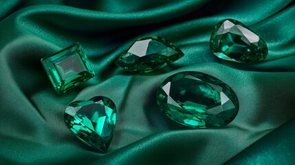 Poster - Several beautiful green gemstones are showcased on a rich, emerald-colored fabric. The arrangement highlights the brilliance and variety of the stones, creating an eye-catching composition.