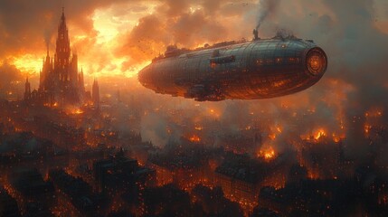 Wall Mural - Burning city, steampunk airship, fiery sky.